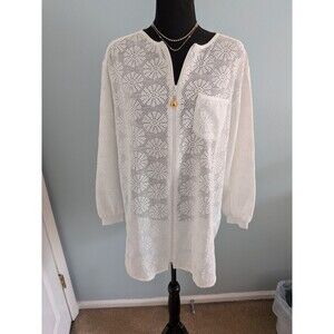 Le Cove Swim Coverup Womens M White Mesh Full Zip Pocket Starburst Lace Beach